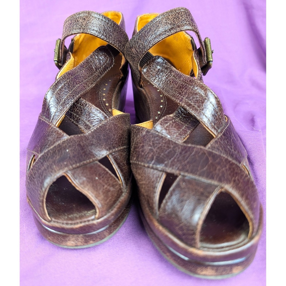 Re-mix Vintage Meadow Brown Croc Sz 9M Buckle Sandals Wedge Platform Leather - Picture 2 of 16